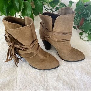 Qupid Taupe Fringe Booties